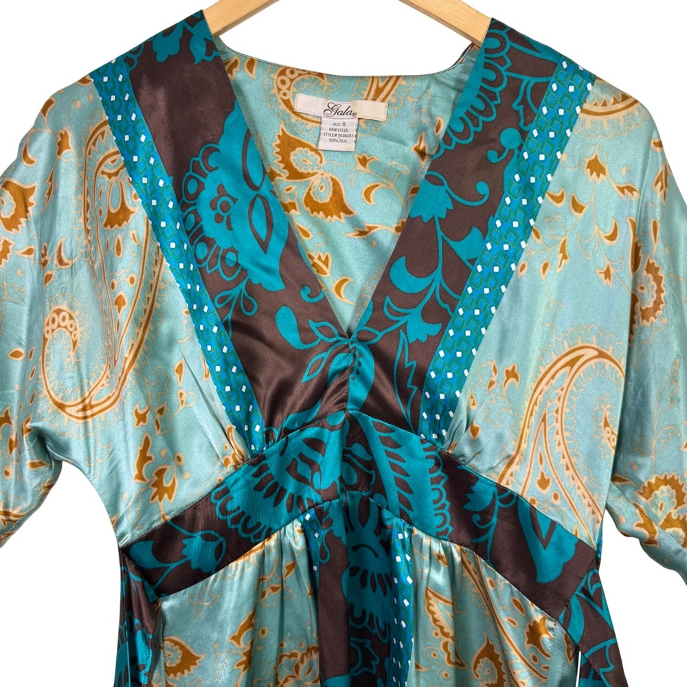 VTG Gala Small Kimono Style Blouse Y2K Top 100% Silk Teal Brown VNeck Belted - Picture 2 of 6